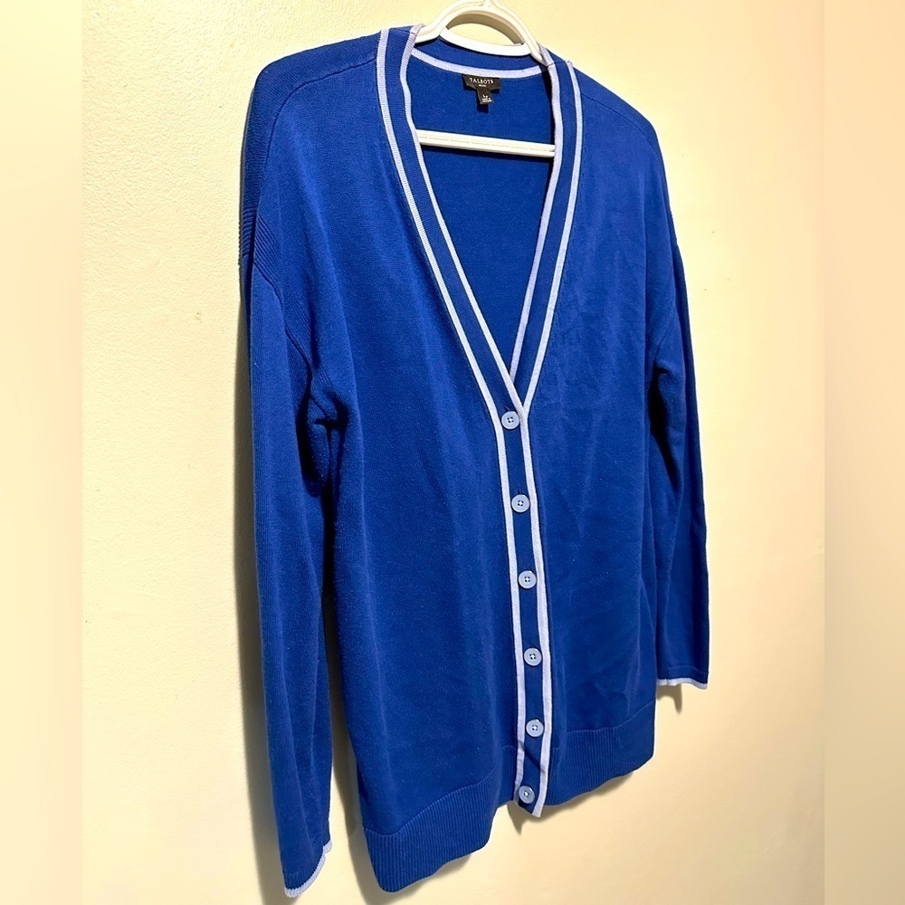 Talbots Blue V-Neck Cardigan button down sweater Petite Large cotton blend - Picture 2 of 10